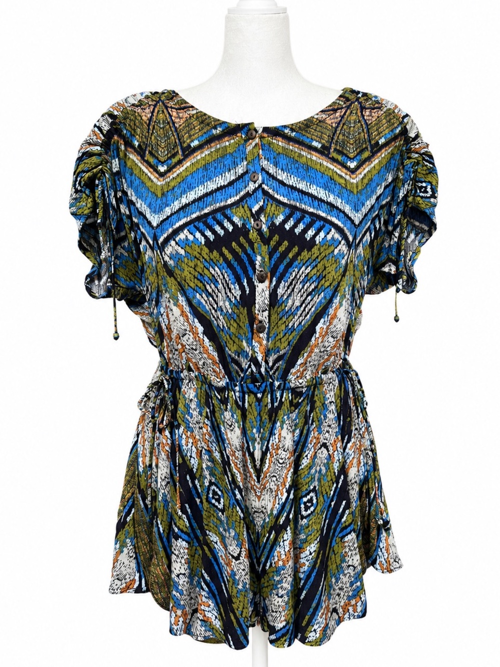 Free People XS Dream All Night Romper Blue Green Abstract Printed Romper Boho